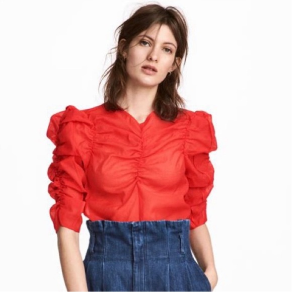H&M Tops - H&M Bright Red Gathered Sheer 3/4 Sleeve Top